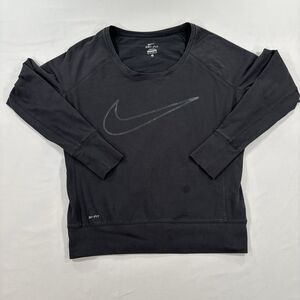 Nike Top Womens XS Black Dri-FIT Long Sleeve Scoop Neck Swoosh Logo Running Gym